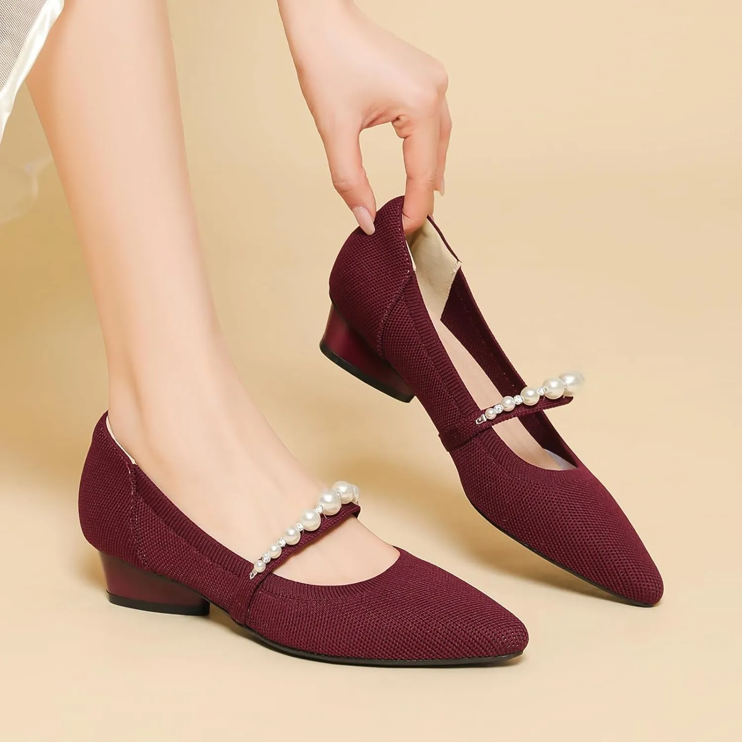 HROYL Women Knit Shoes Low Heel Dress Pumps Imitation Pearls Heart-Type Thick Heel Mary Jane Knited Shoes