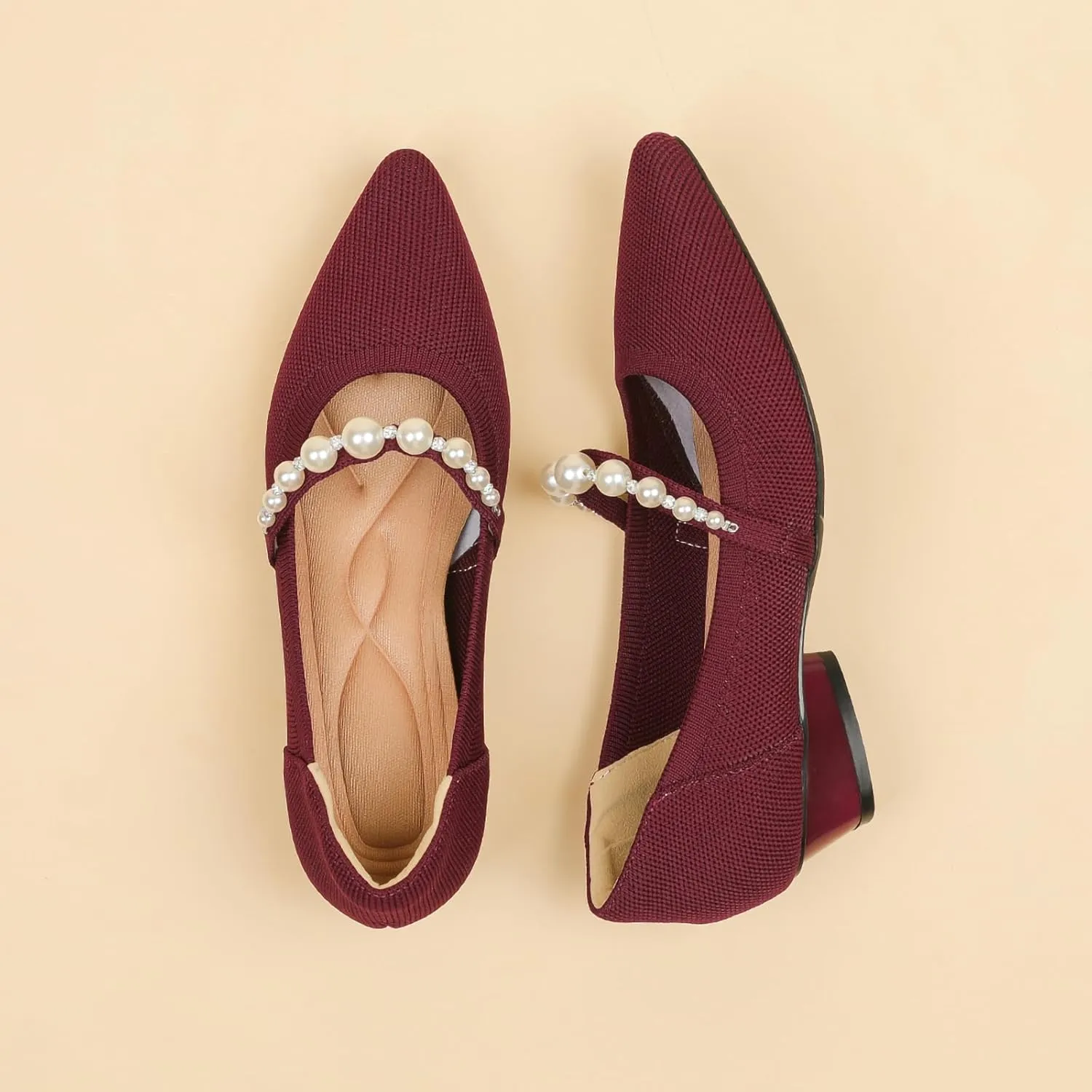 HROYL Women Knit Shoes Low Heel Dress Pumps Imitation Pearls Heart-Type Thick Heel Mary Jane Knited Shoes