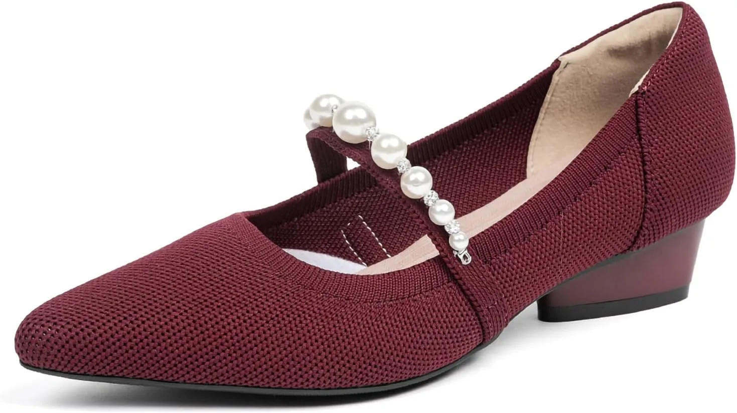 HROYL Women Knit Shoes Low Heel Dress Pumps Imitation Pearls Heart-Type Thick Heel Mary Jane Knited Shoes