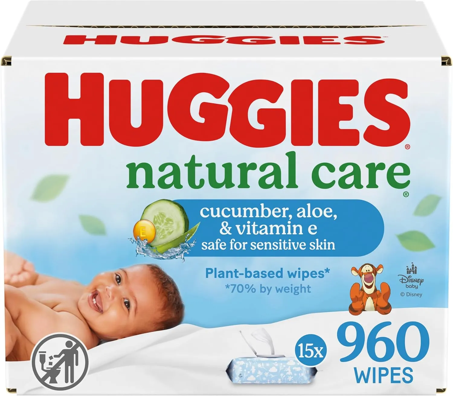 Huggies Natural Care Cucumber, Aloe and Vitamin E Baby Wipes, Hypoallergenic, Scented, 15 Flip-Top Packs (960 Wipes Total), Packaging May Vary
