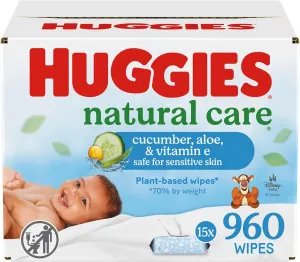 Huggies Natural Care Cucumber, Aloe and Vitamin E Baby Wipes, Hypoallergenic, Scented, 15 Flip-Top Packs (960 Wipes Total), Packaging May Vary