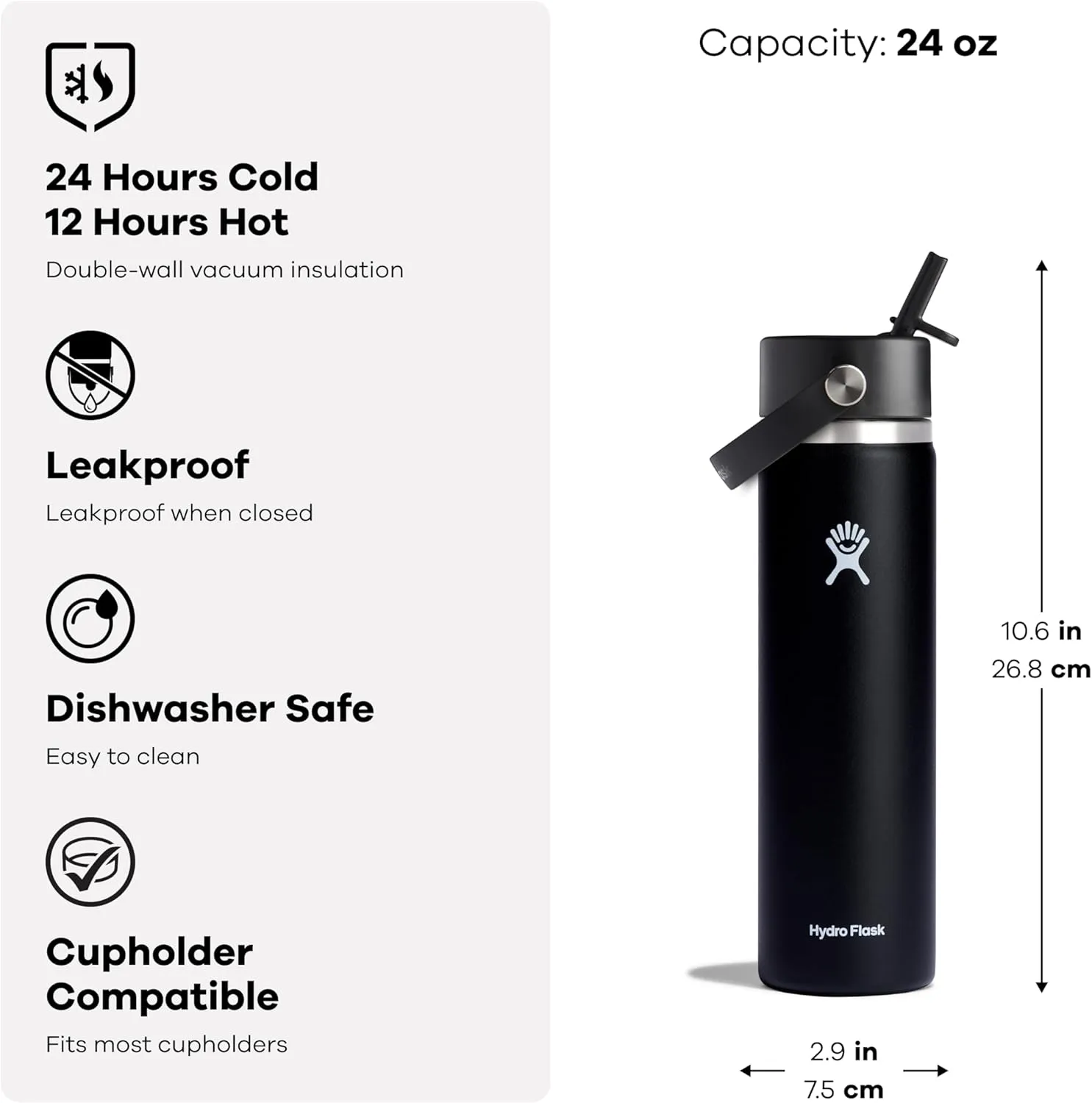 Hydro Flask Water Bottle - Insulated Stainless Steel - Wide Straw Lid, Non Spill, Leakproof in 24 Oz Birch Gray