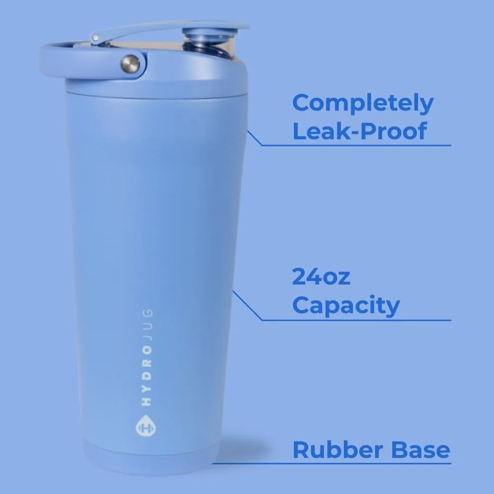 HydroJug 24 oz New Stainless Steel Shaker – Insulated, Leakproof, BPA-Free with Silent Mixing Grate – No Clumps, No Noise – Premium Shaker for Fitness, Sports & Everyday Use, Light Blue