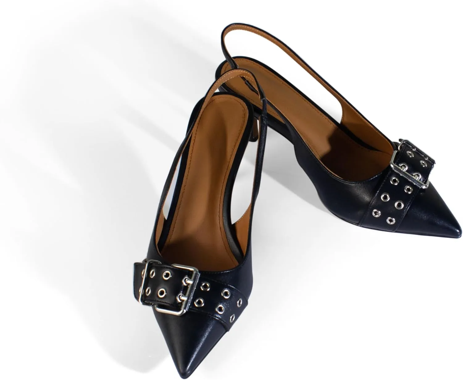 iadore Women Fashion Kitten Low Heel Pumps Sexy Pointed Toe Slingback Shoes Chic Eyelets Strappy Buckle Matte Heels Size 5-12 US