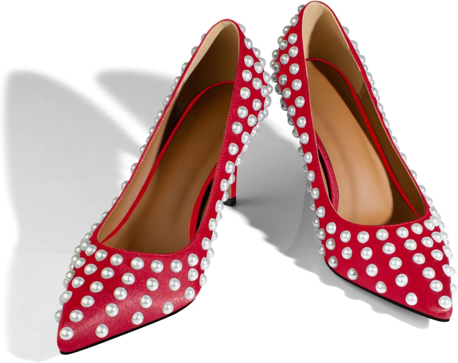 iadore Women Sexy Stiletto High Heel Pumps Chic Pearl Studded Slip-on Shoes Satin Pointed Toe Fashion Dress Pumps Size 5-12 US