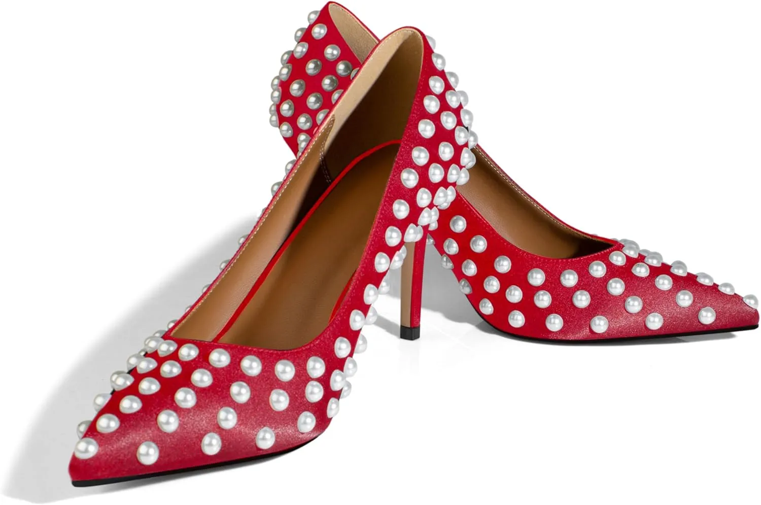 iadore Women Sexy Stiletto High Heel Pumps Chic Pearl Studded Slip-on Shoes Satin Pointed Toe Fashion Dress Pumps Size 5-12 US