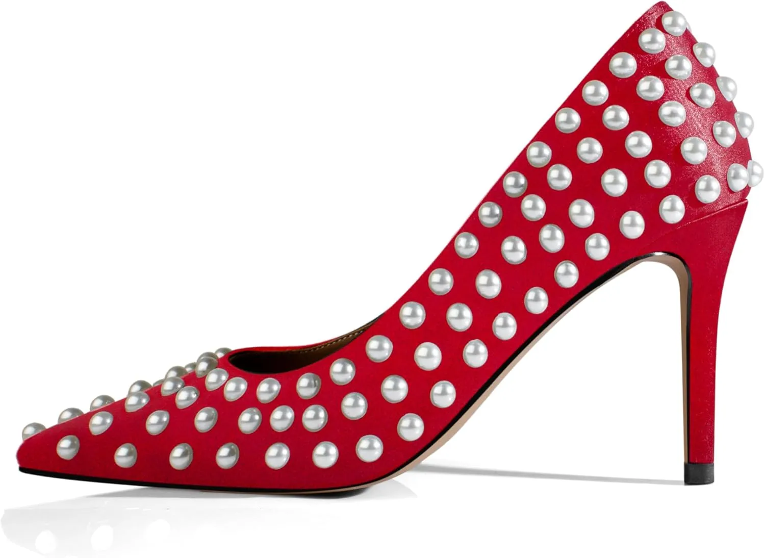 iadore Women Sexy Stiletto High Heel Pumps Chic Pearl Studded Slip-on Shoes Satin Pointed Toe Fashion Dress Pumps Size 5-12 US