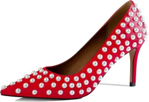 iadore Women Sexy Stiletto High Heel Pumps Chic Pearl Studded Slip-on Shoes Satin Pointed Toe Fashion Dress Pumps Size 5-12 US