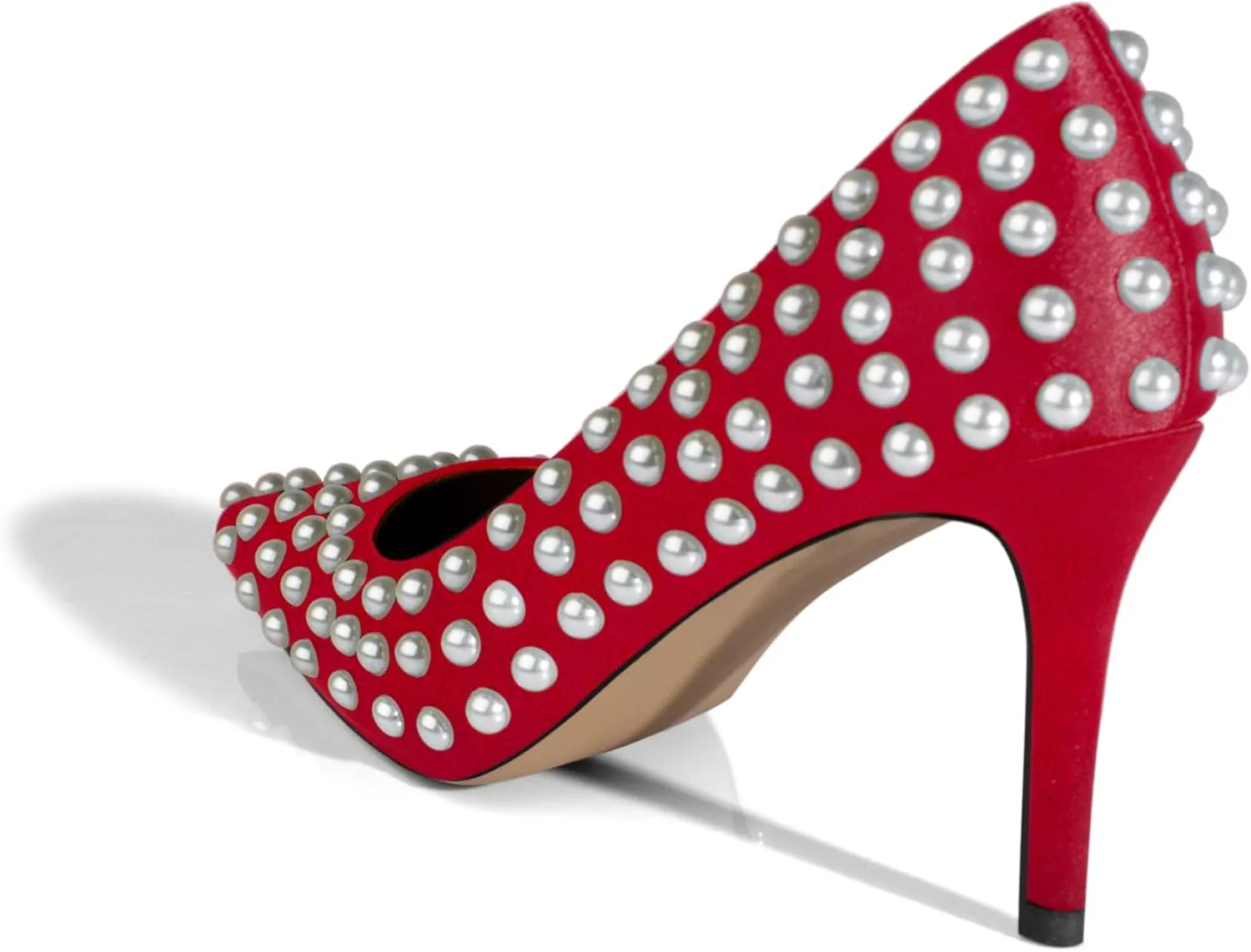 iadore Women Sexy Stiletto High Heel Pumps Chic Pearl Studded Slip-on Shoes Satin Pointed Toe Fashion Dress Pumps Size 5-12 US