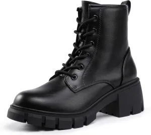 IDIFU IN2 Combat Boots Womens Ankle Boots Low Block Heel Fashion Chunky Short Platform Dress Boots for Women Round Toe Lace Up Boots Ladies Comfortable Cute Stylish Casual Work Lug Sole Booties