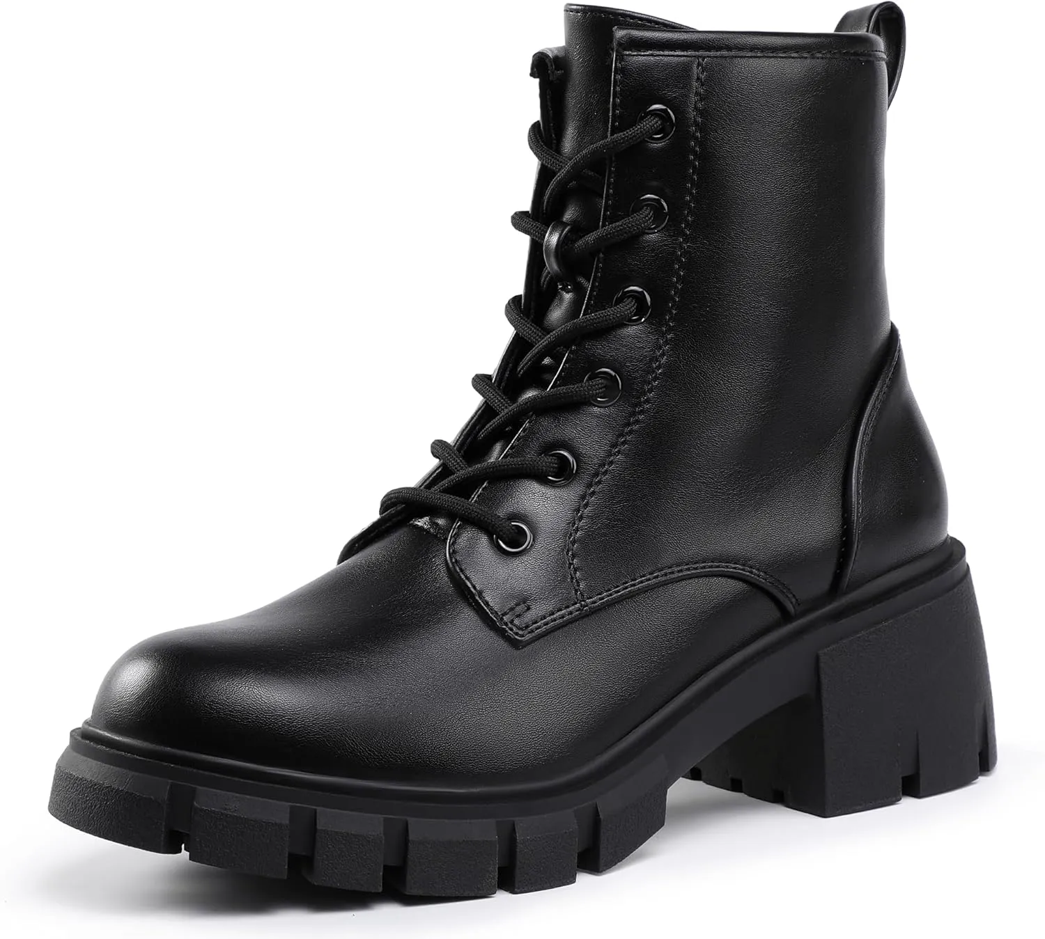 IDIFU IN2 Combat Boots Womens Ankle Boots Low Block Heel Fashion Chunky Short Platform Dress Boots for Women Round Toe Lace Up Boots Ladies Comfortable Cute Stylish Casual Work Lug Sole Booties