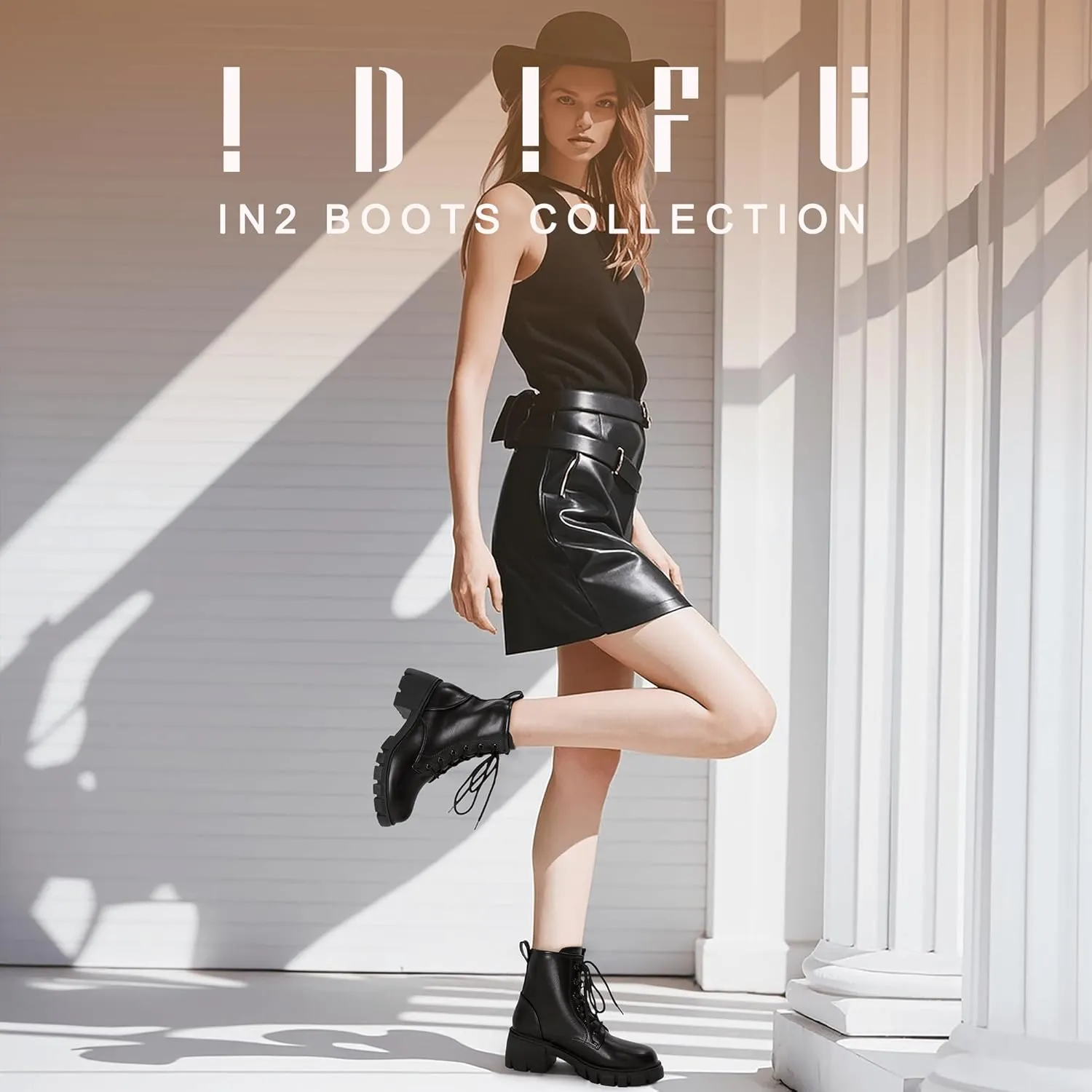 IDIFU IN2 Combat Boots Womens Ankle Boots Low Block Heel Fashion Chunky Short Platform Dress Boots for Women Round Toe Lace Up Boots Ladies Comfortable Cute Stylish Casual Work Lug Sole Booties