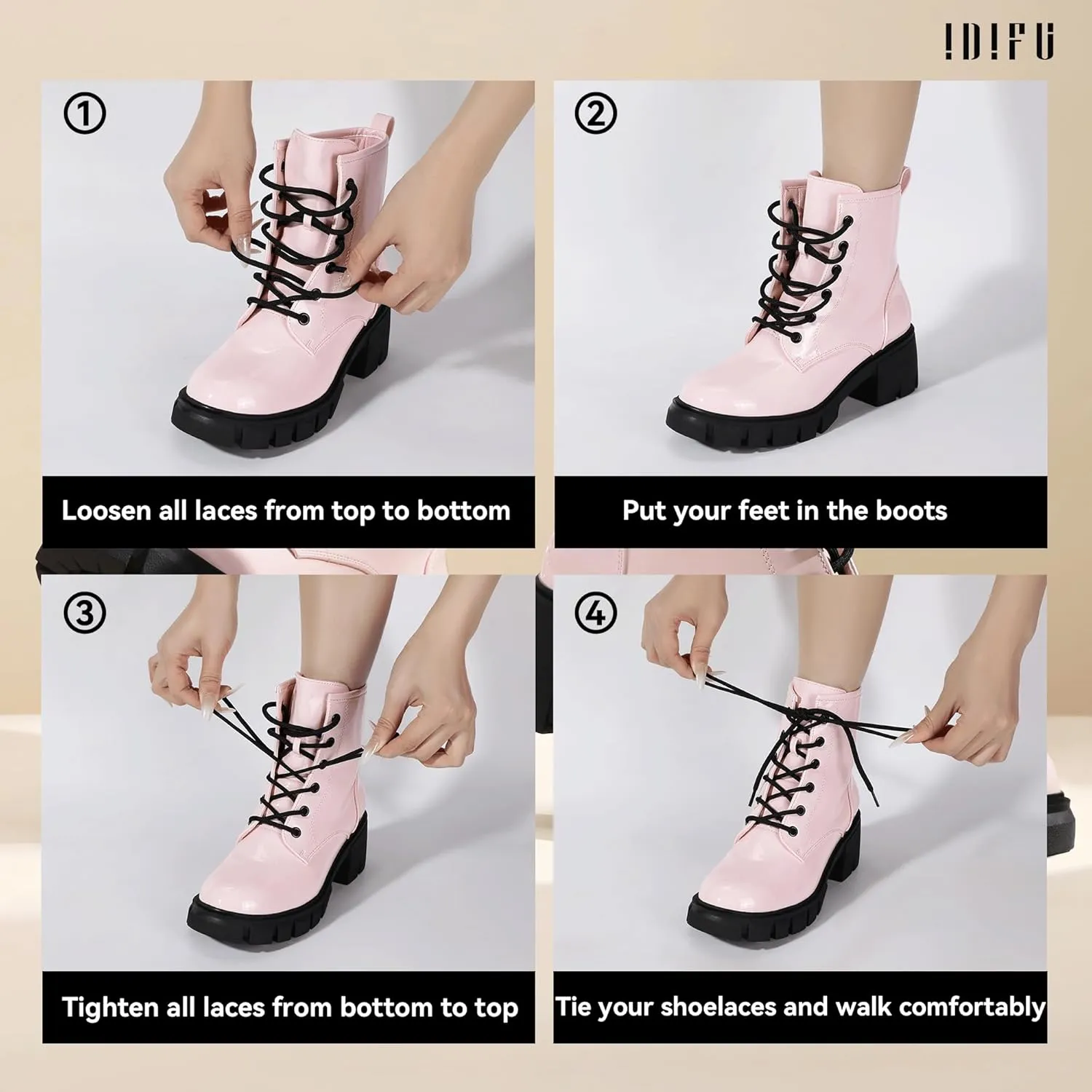 IDIFU IN2 Combat Boots Womens Ankle Boots Low Block Heel Fashion Chunky Short Platform Dress Boots for Women Round Toe Lace Up Boots Ladies Comfortable Cute Stylish Casual Work Lug Sole Booties