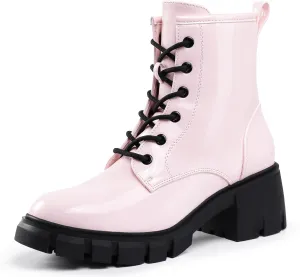 IDIFU IN2 Combat Boots Womens Ankle Boots Low Block Heel Fashion Chunky Short Platform Dress Boots for Women Round Toe Lace Up Boots Ladies Comfortable Cute Stylish Casual Work Lug Sole Booties