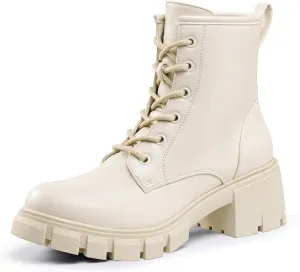 IDIFU IN2 Combat Boots Womens Ankle Boots Low Block Heel Fashion Chunky Short Platform Dress Boots for Women Round Toe Lace Up Boots Ladies Comfortable Cute Stylish Casual Work Lug Sole Booties