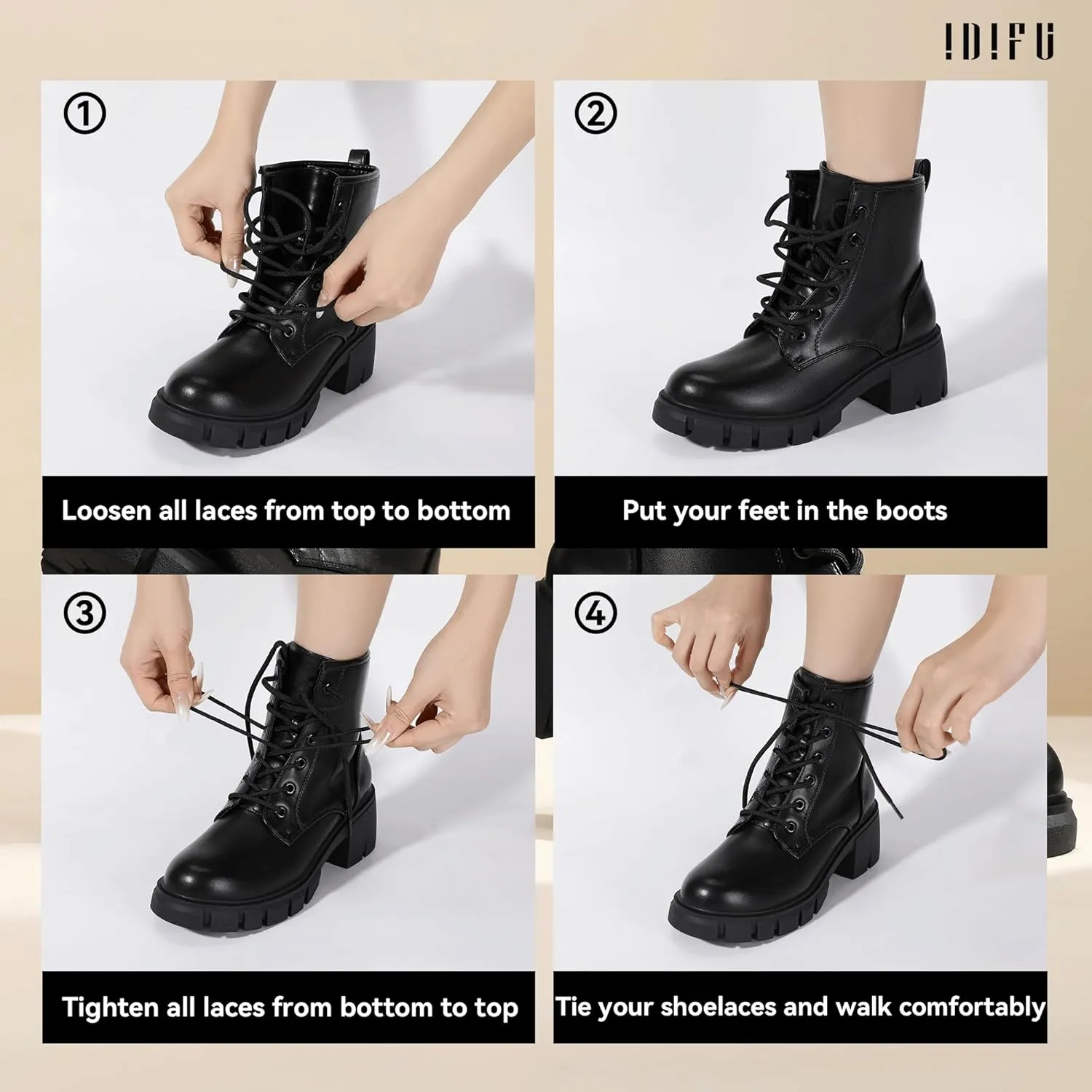 IDIFU IN2 Combat Boots Womens Ankle Boots Low Block Heel Fashion Chunky Short Platform Dress Boots for Women Round Toe Lace Up Boots Ladies Comfortable Cute Stylish Casual Work Lug Sole Booties
