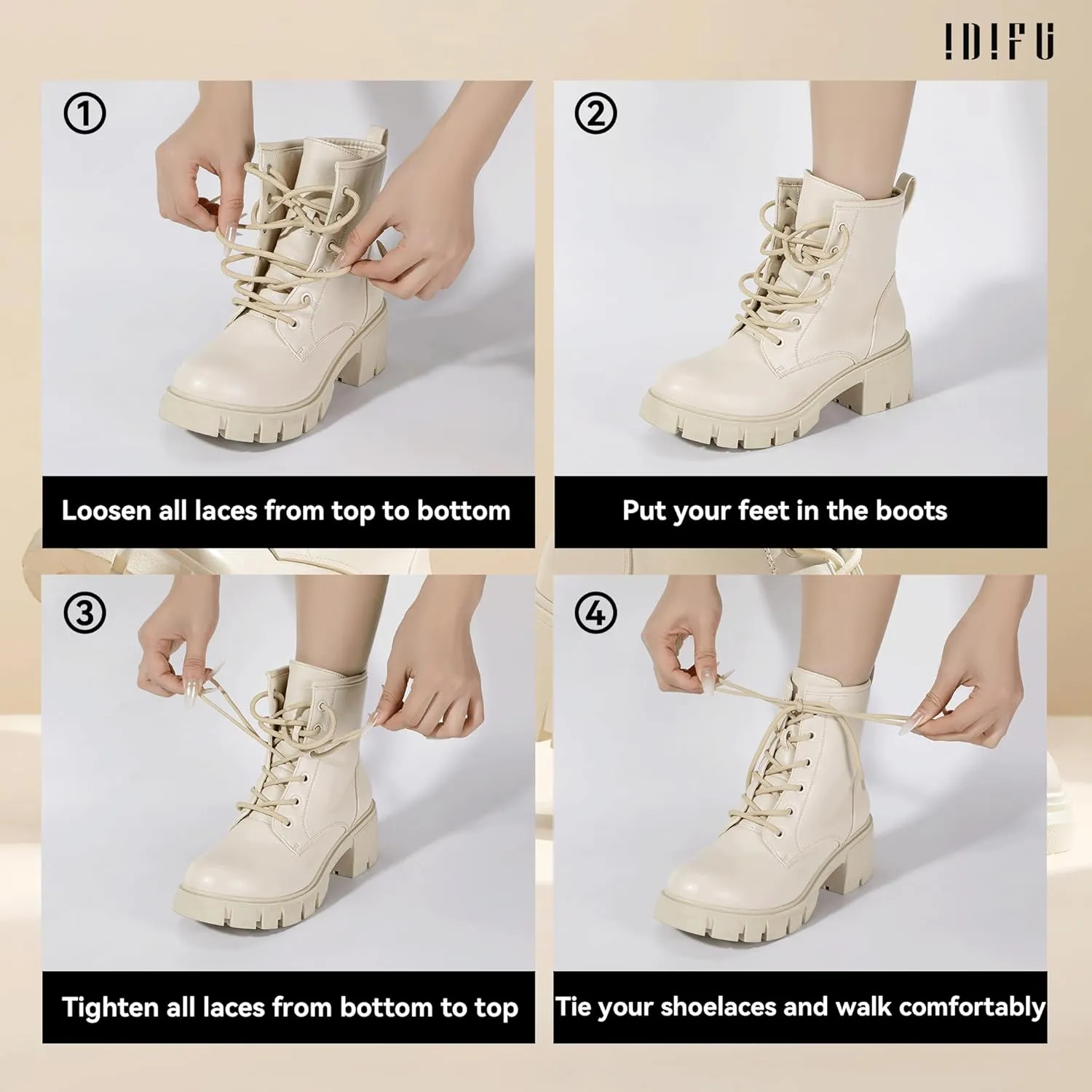 IDIFU IN2 Combat Boots Womens Ankle Boots Low Block Heel Fashion Chunky Short Platform Dress Boots for Women Round Toe Lace Up Boots Ladies Comfortable Cute Stylish Casual Work Lug Sole Booties