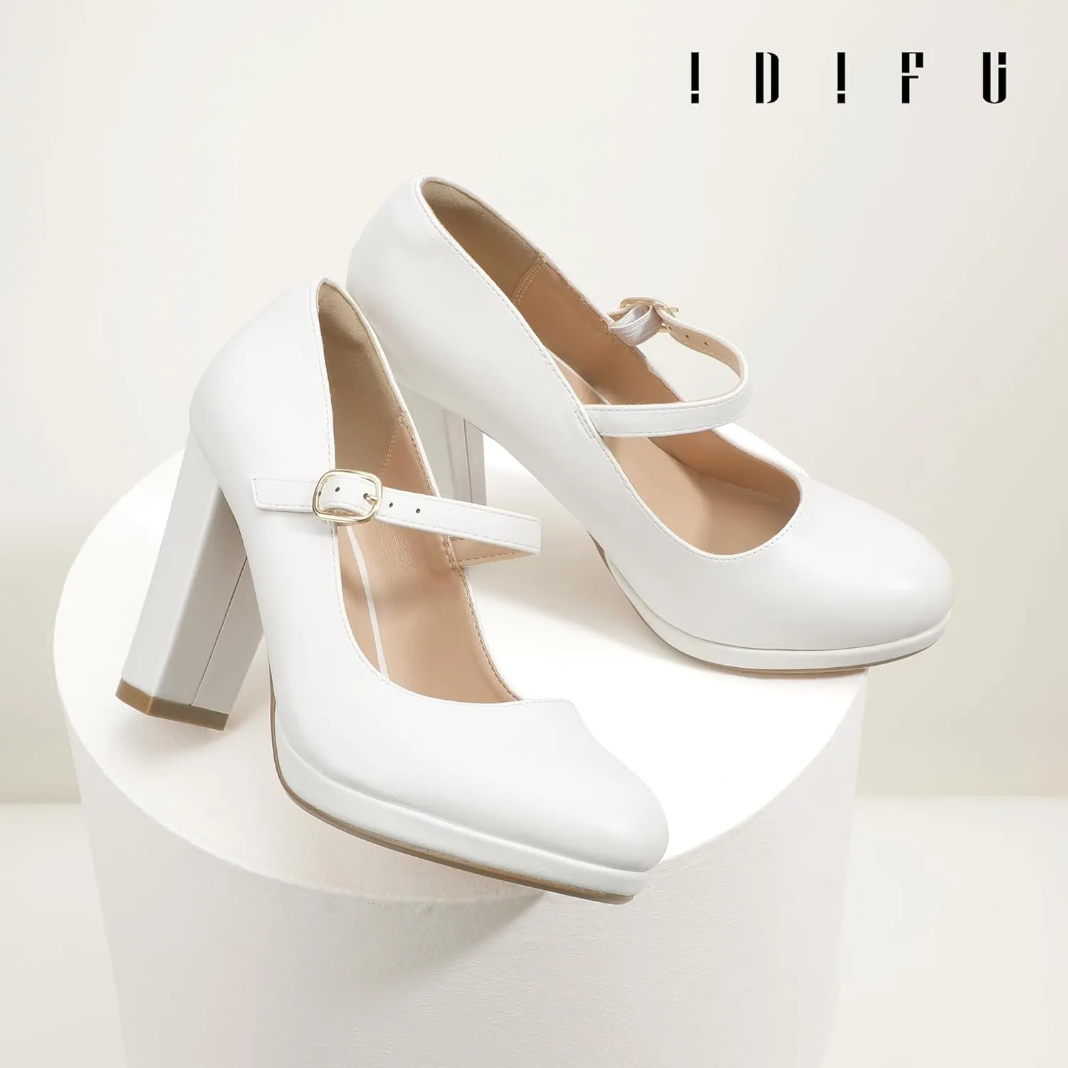 IDIFU IN4 Mary Jane Shoes Closed Toe Heels Platform High Chunky Block Heels Women's Pumps Comfortable Dress Shoes for Women Wedding Bridal Work Fashion Round Toe Pumps Shoes