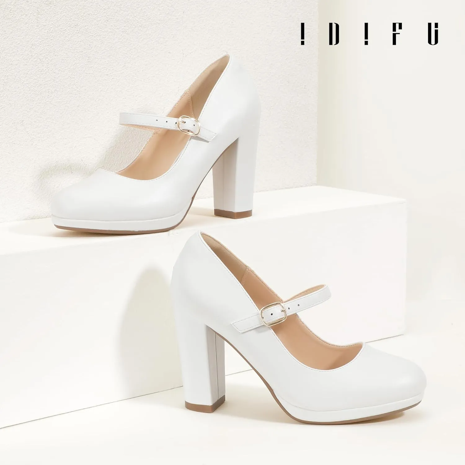 IDIFU IN4 Mary Jane Shoes Closed Toe Heels Platform High Chunky Block Heels Women's Pumps Comfortable Dress Shoes for Women Wedding Bridal Work Fashion Round Toe Pumps Shoes