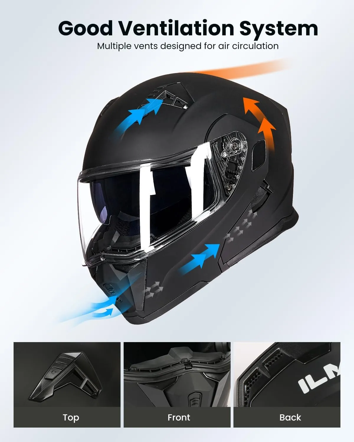 ILM Motorcycle Modular Full Face Helmet for Adult Flip up Dual Visor LED Tail Light Optional DOT