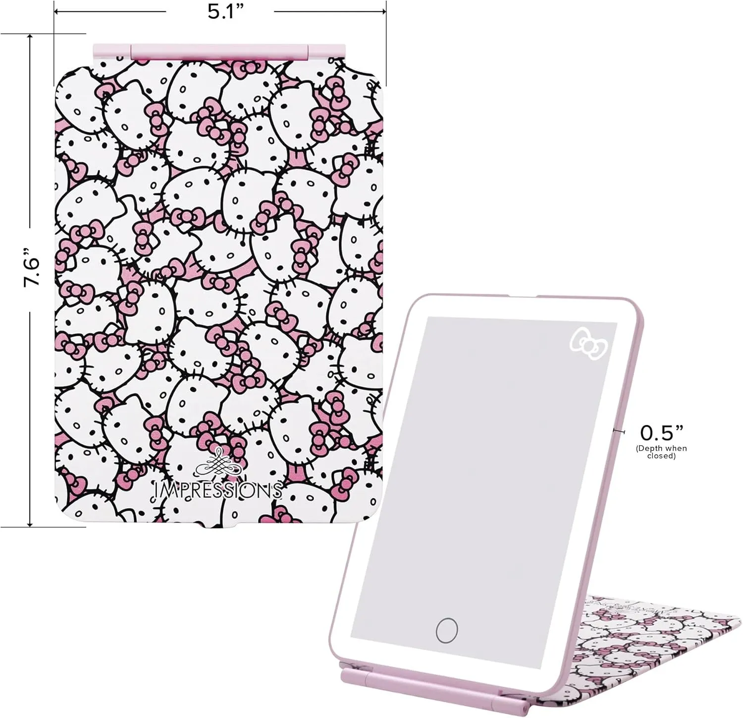Impressions Vanity Hello Kitty Touch Pad Mini Tri-Tone Makeup Mirror with Printed Flip Cover and LED Strip, Travel Vanity Mirror with Touch Sensor Switch and USB Extension (White/Pink)