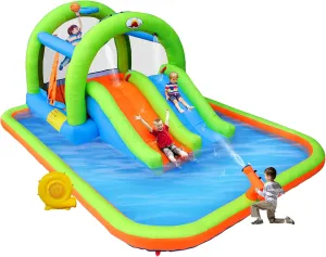 Inflatable Water Park with Blower, and Bouncy House with Double Slide with Water Cannon and Basketball Ring