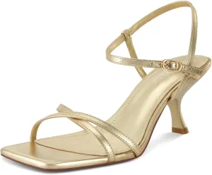ISNOM Strappy Heels for Women Kitten Heel Sandals Square Open Toe Heeled Sandals with Adjustable Ankle Strap Comfortable Mid Heels for Prom, Party, Daily Wear