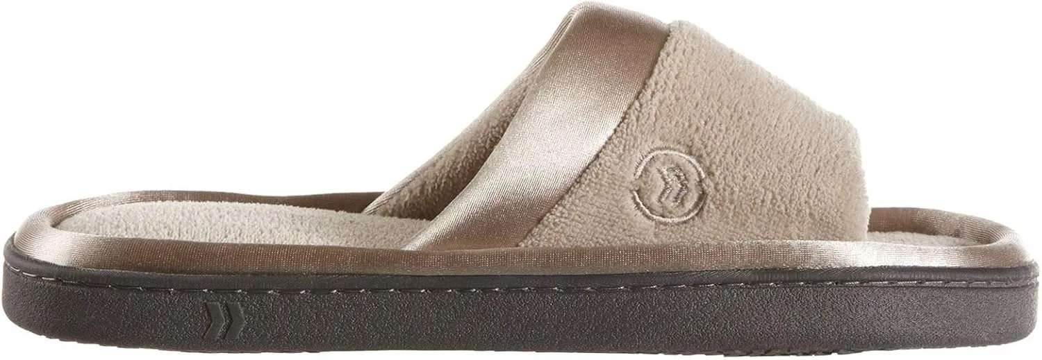 isotoner Women's Soft Microterry Wider Width Slide Slippers, with Satin Trim and Comfort Footbed