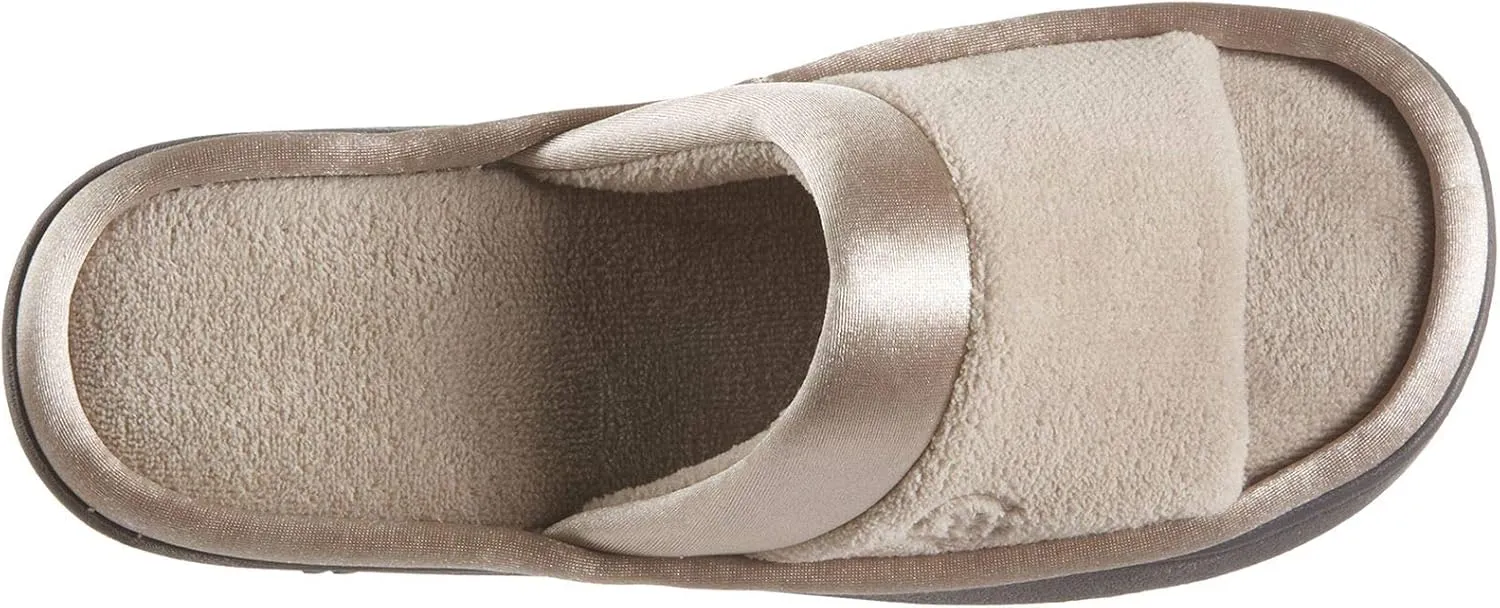 isotoner Women's Soft Microterry Wider Width Slide Slippers, with Satin Trim and Comfort Footbed
