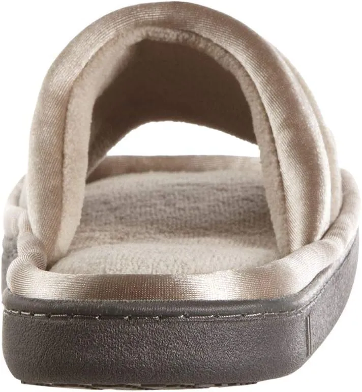 isotoner Women's Soft Microterry Wider Width Slide Slippers, with Satin Trim and Comfort Footbed