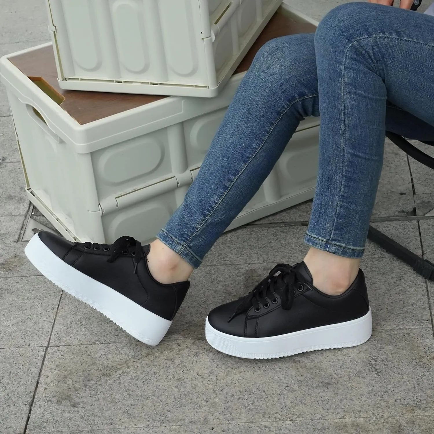 JABASIC Women Fashion Sneakers Low-top Lace-Up Stylish Walking Shoes Comfort Platform Sneakers