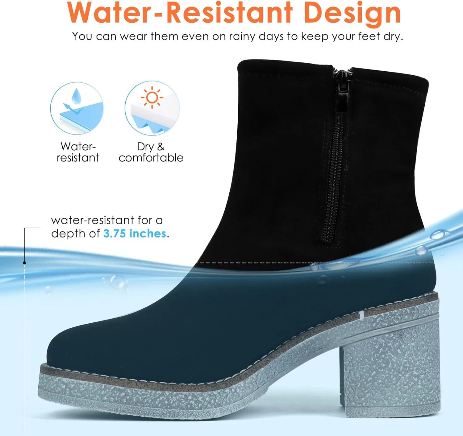JABASIC Womens Water-resistant Ankle Boots Low Heel Chunky Heel Booties Side Zipper Dress Boots