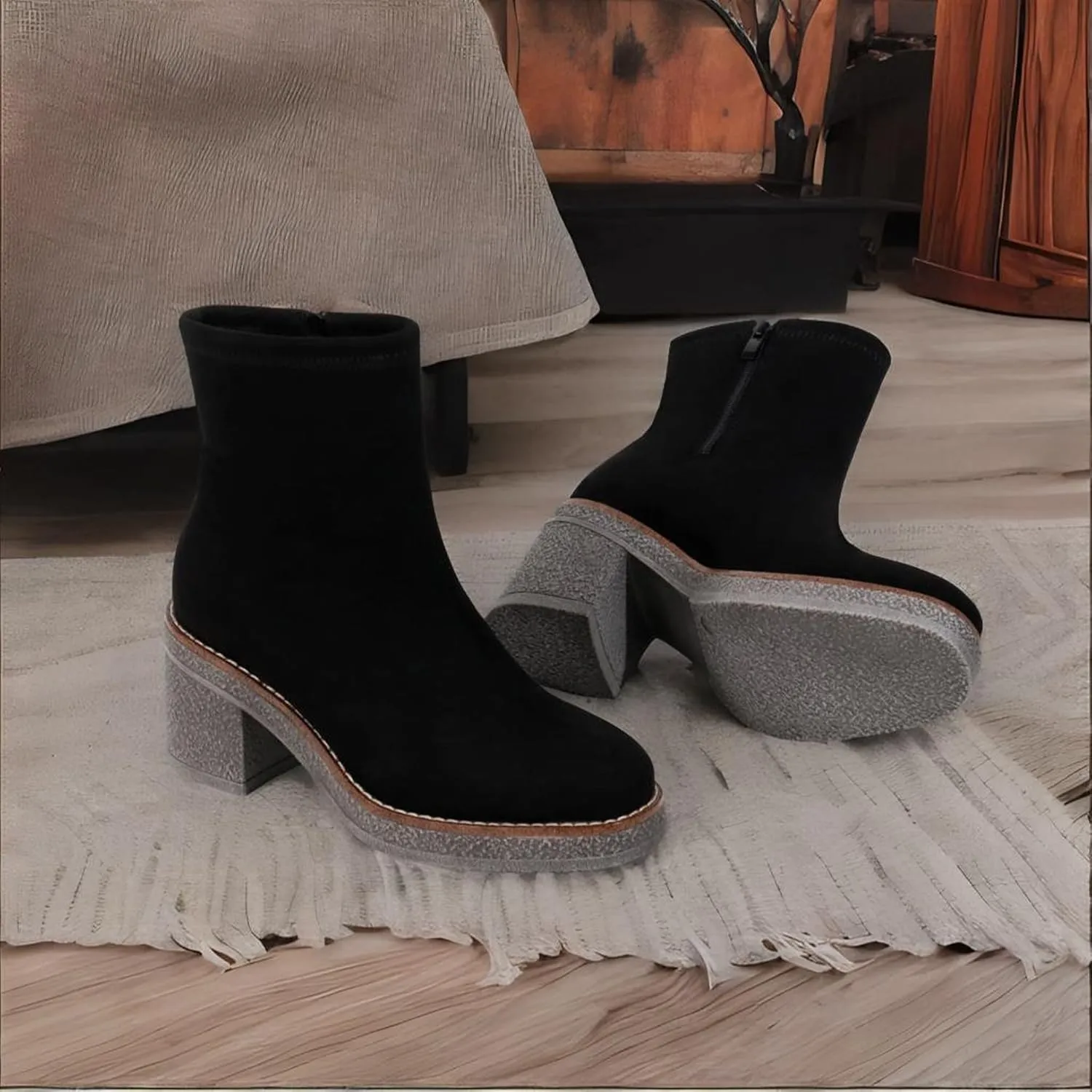 JABASIC Womens Water-resistant Ankle Boots Low Heel Chunky Heel Booties Side Zipper Dress Boots