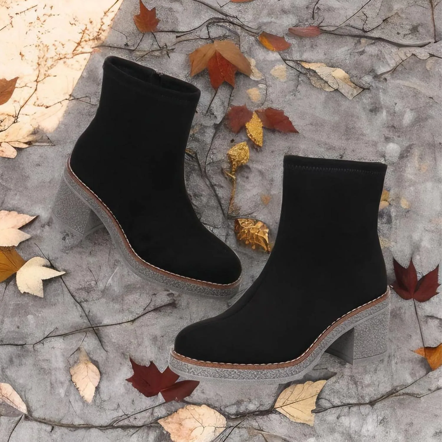 JABASIC Womens Water-resistant Ankle Boots Low Heel Chunky Heel Booties Side Zipper Dress Boots