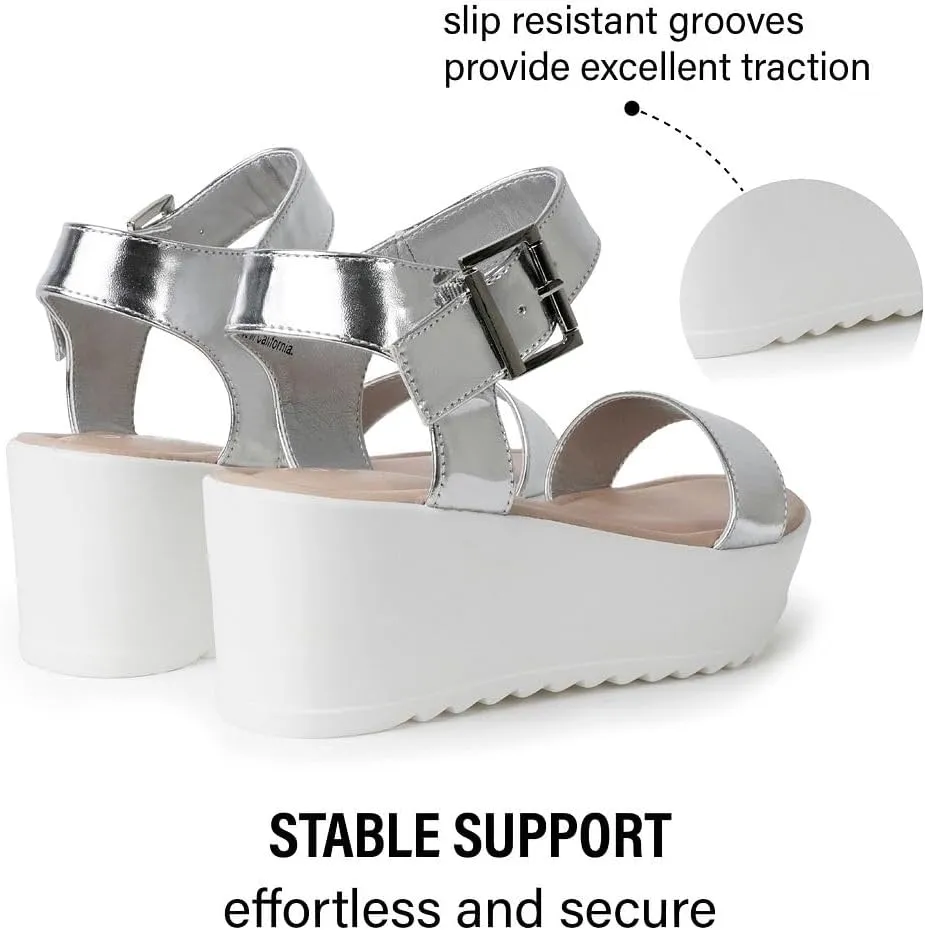 J.Adams Surf Platform Sandals – Women's Open Toe Chunky Low Mid Heel Wide Summer Block Flatform Espadrille Wedge – Comfortable Casual Walking Vegan Jelly Flat Shoes with Adjustable Ankle Strap and Lug Sole
