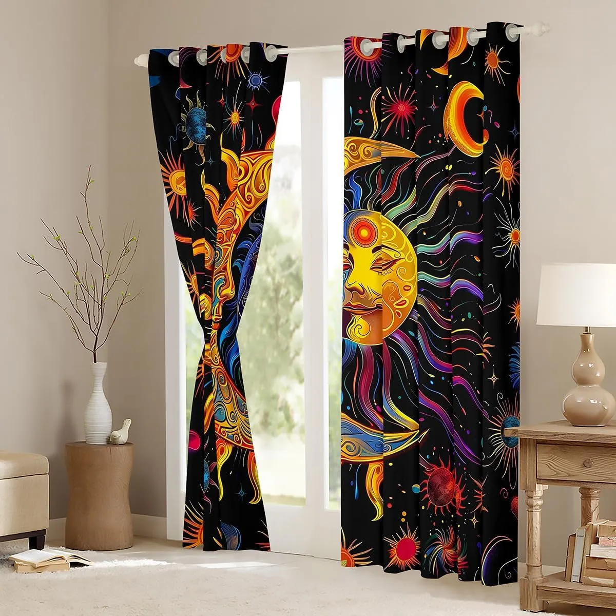 jejeloiu Boys Girls Boho Exotic Window Drapes Sun and Moon Window Curtains Kids Bohemian 30%-50% Blackout Shades for Galaxy Teens Bedroom Decor (2 Panels, 42 x 90 Inch)