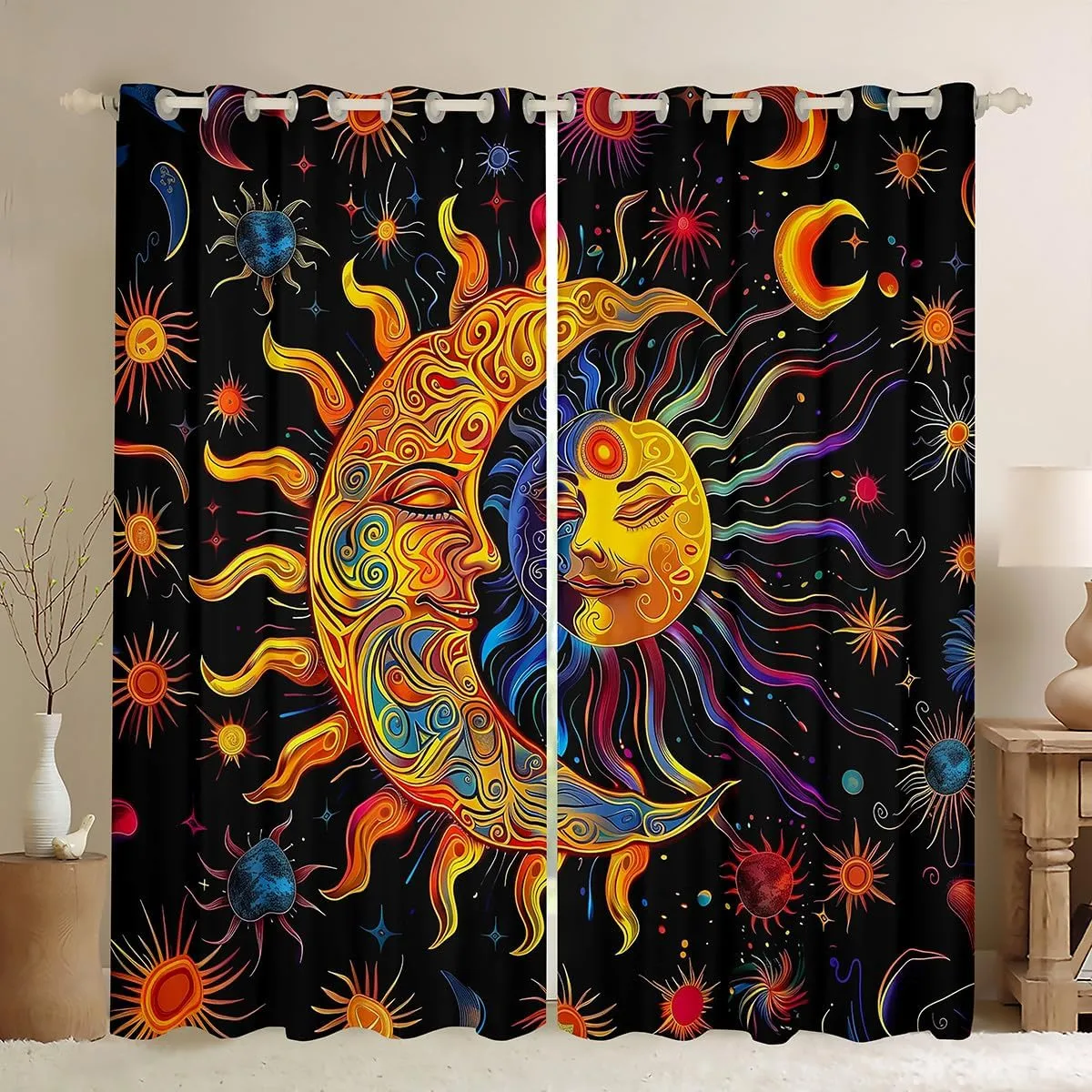 jejeloiu Boys Girls Boho Exotic Window Drapes Sun and Moon Window Curtains Kids Bohemian 30%-50% Blackout Shades for Galaxy Teens Bedroom Decor (2 Panels, 42 x 90 Inch)