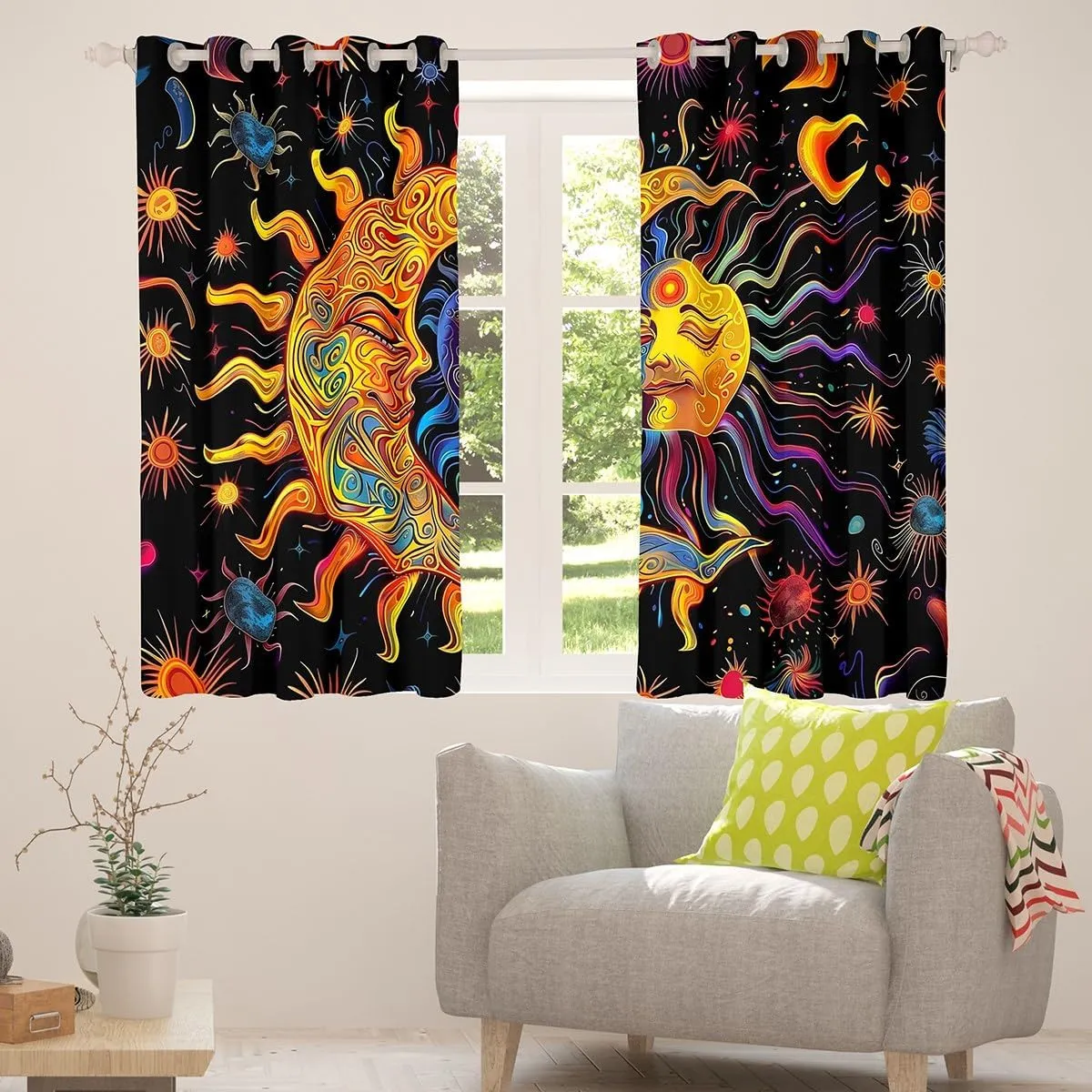 jejeloiu Boys Girls Boho Exotic Window Drapes Sun and Moon Window Curtains Kids Bohemian 30%-50% Blackout Shades for Galaxy Teens Bedroom Decor (2 Panels, 42 x 90 Inch)