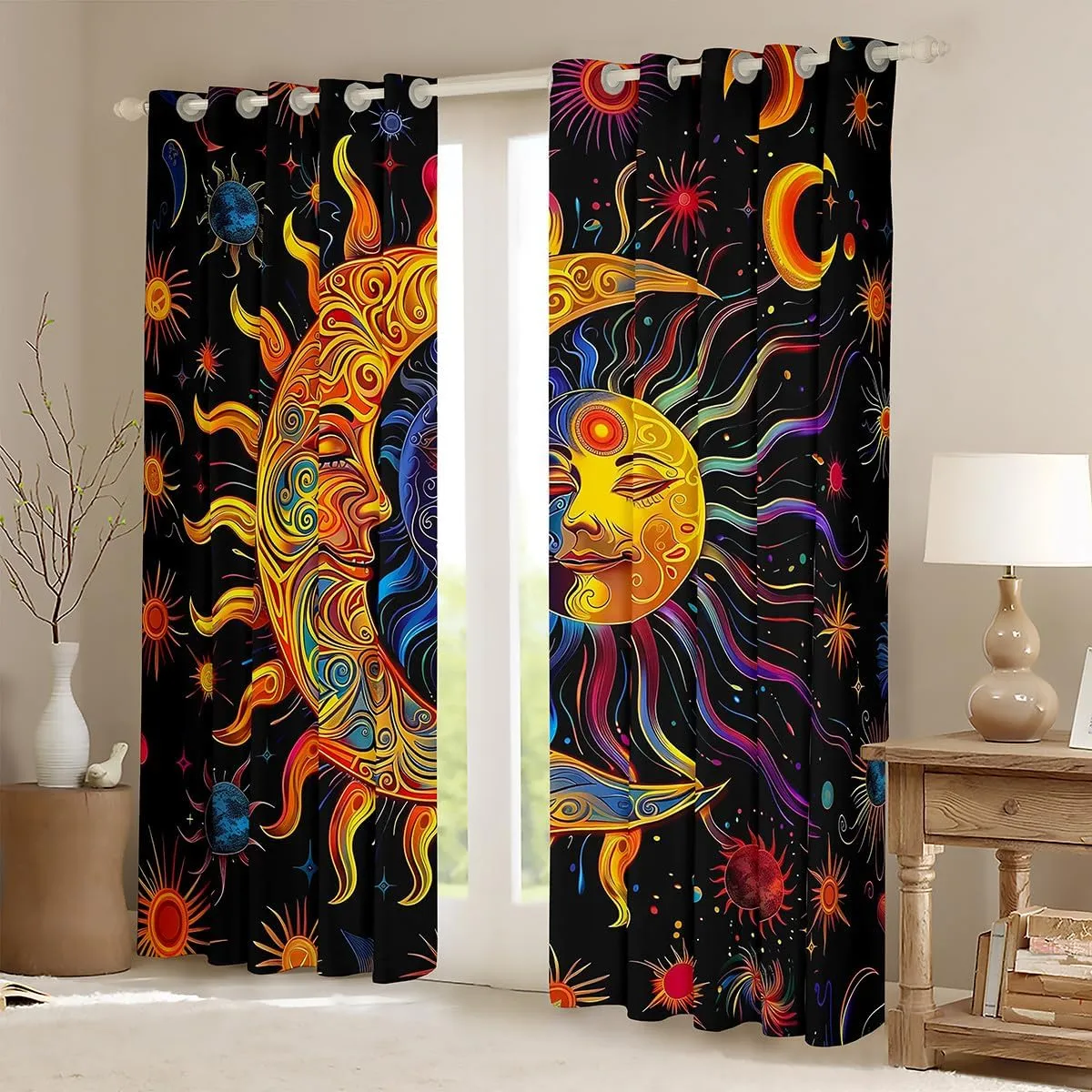 jejeloiu Boys Girls Boho Exotic Window Drapes Sun and Moon Window Curtains Kids Bohemian 30%-50% Blackout Shades for Galaxy Teens Bedroom Decor (2 Panels, 42 x 90 Inch)