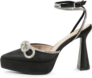 JENN ARDOR Women's Platform Heels Ankle Strap Pumps High Heeled Pointed Toe Stiletto High Heel Sandals Rhinestones Bow Knot Party Prom Dress Pumps Shoes for Women