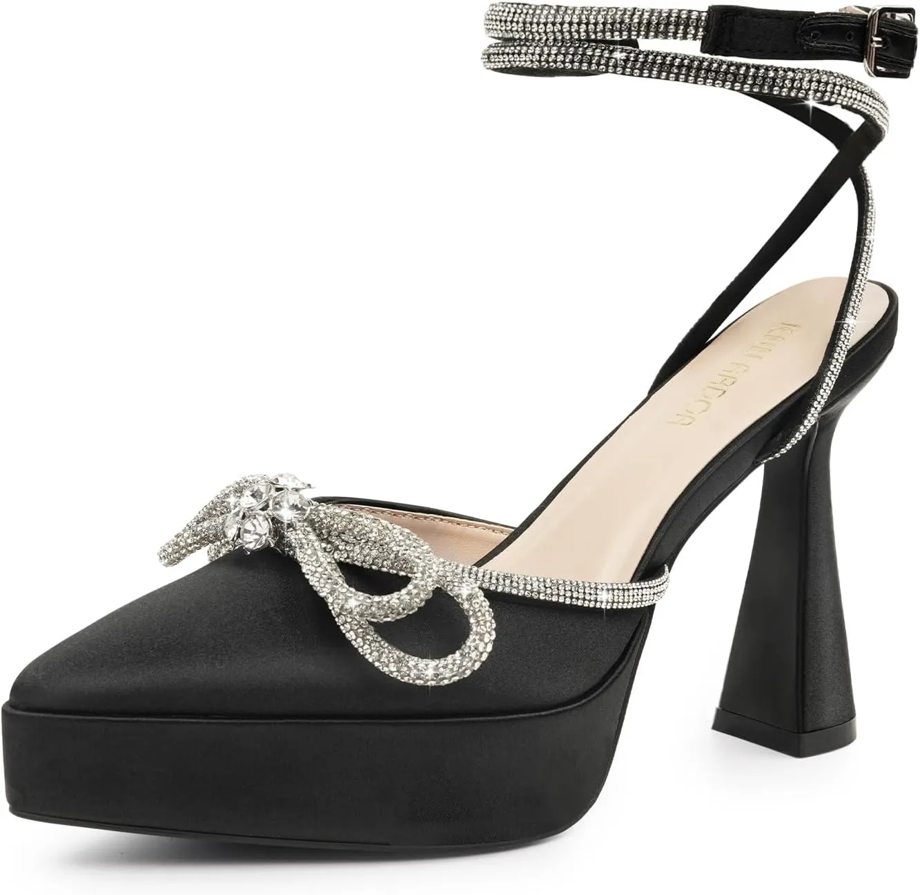 JENN ARDOR Women's Platform Heels Ankle Strap Pumps High Heeled Pointed Toe Stiletto High Heel Sandals Rhinestones Bow Knot Party Prom Dress Pumps Shoes for Women