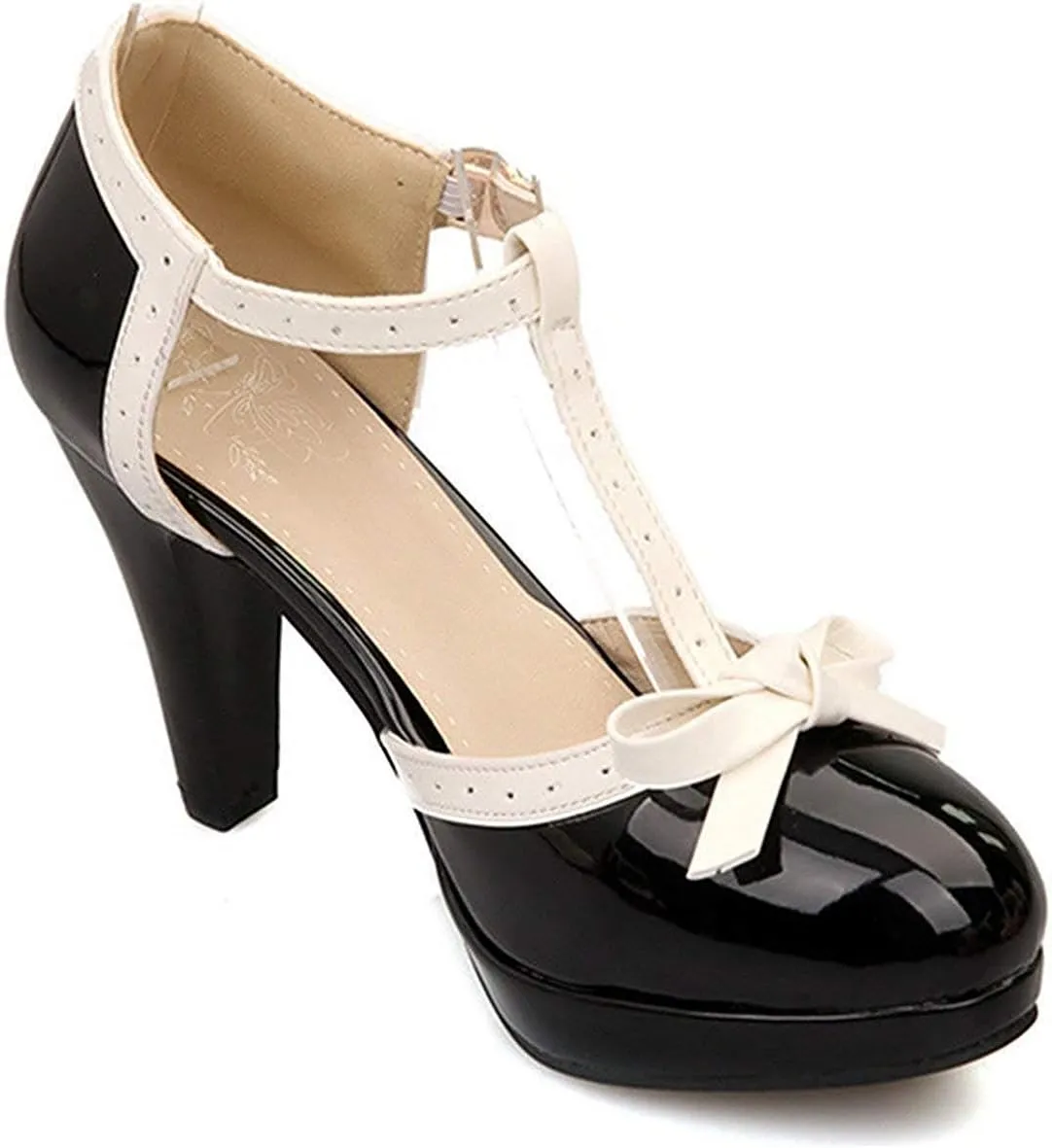 JITUUE Women's Chic Sweet Round Toe T-Strap Bows Adorable Buckle Lolita Cone Mary Janes Dress High Heel Pumps Shoes