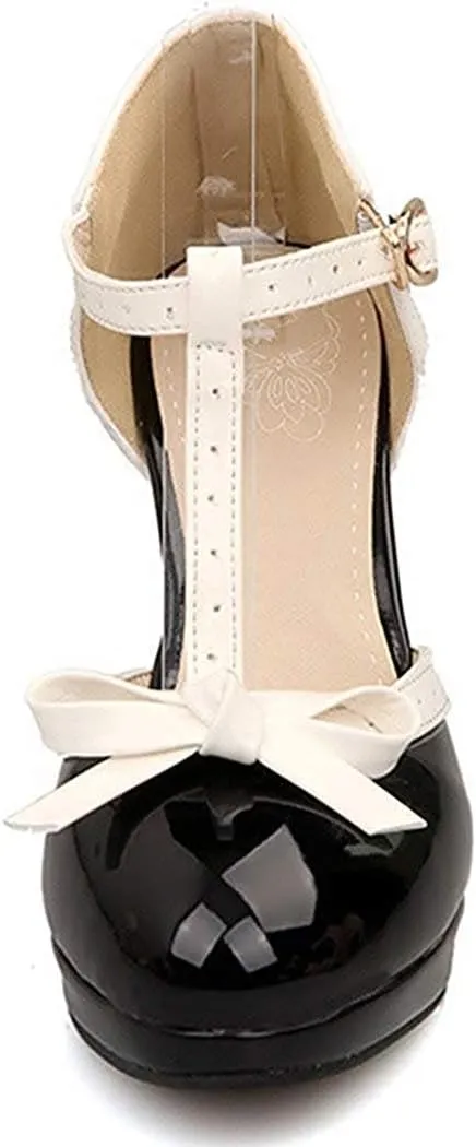 JITUUE Women's Chic Sweet Round Toe T-Strap Bows Adorable Buckle Lolita Cone Mary Janes Dress High Heel Pumps Shoes