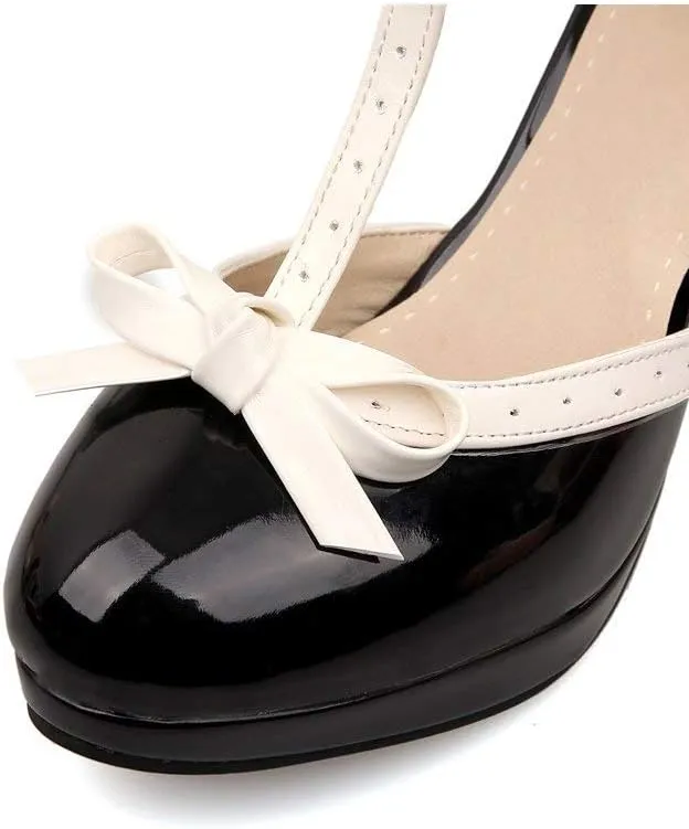 JITUUE Women's Chic Sweet Round Toe T-Strap Bows Adorable Buckle Lolita Cone Mary Janes Dress High Heel Pumps Shoes