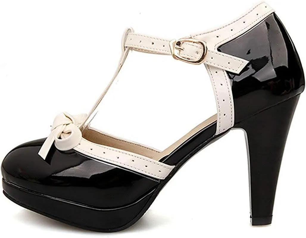 JITUUE Women's Chic Sweet Round Toe T-Strap Bows Adorable Buckle Lolita Cone Mary Janes Dress High Heel Pumps Shoes