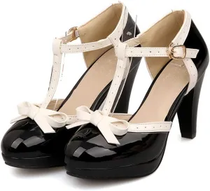 JITUUE Women's Chic Sweet Round Toe T-Strap Bows Adorable Buckle Lolita Cone Mary Janes Dress High Heel Pumps Shoes