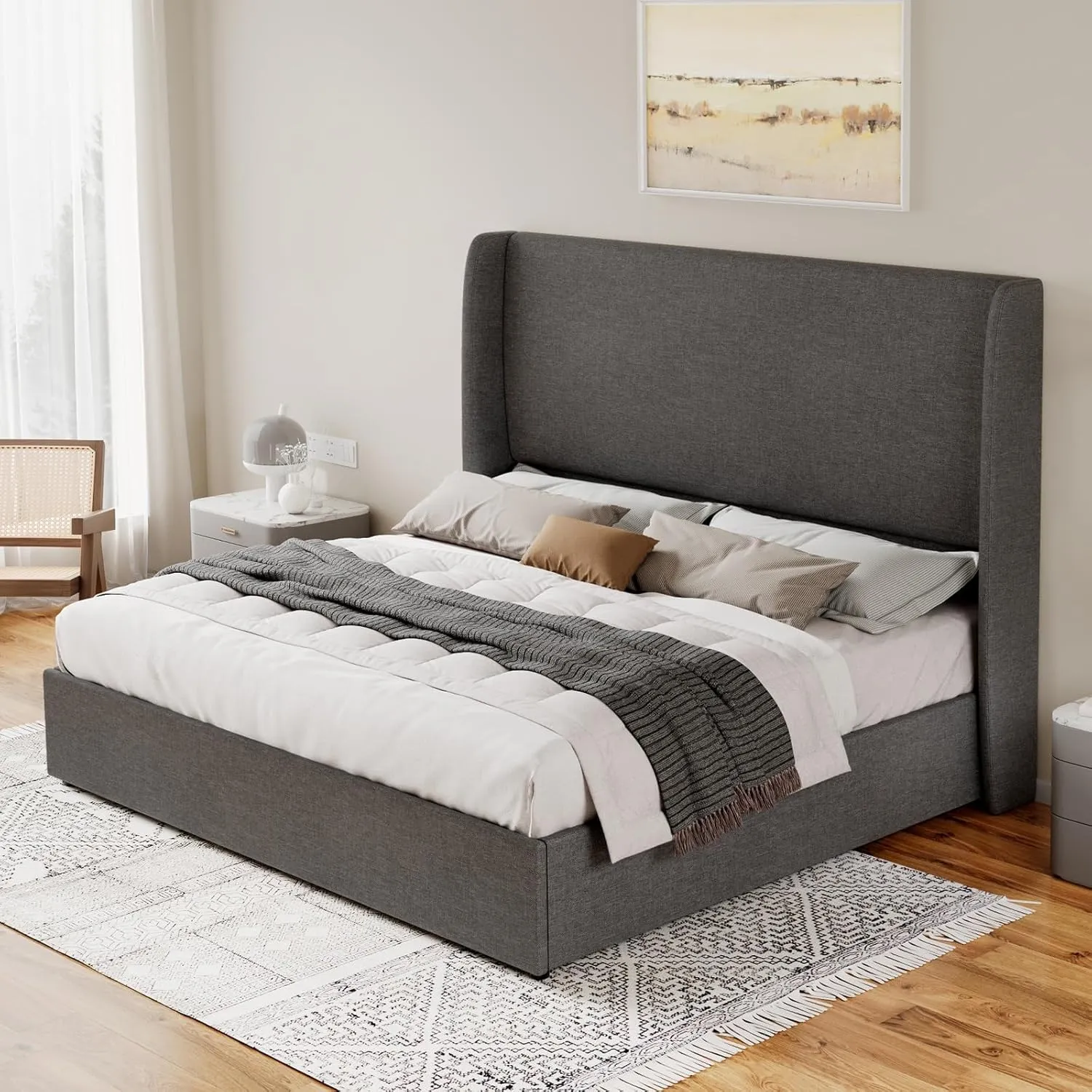 Jocisland King Size Bed Frame Lift Up Storage Bed Upholstered Platform Bed with Wingback Headboard/Hydraulic Storage/No Box Spring Needed/Wood Slats Support/Dark Grey