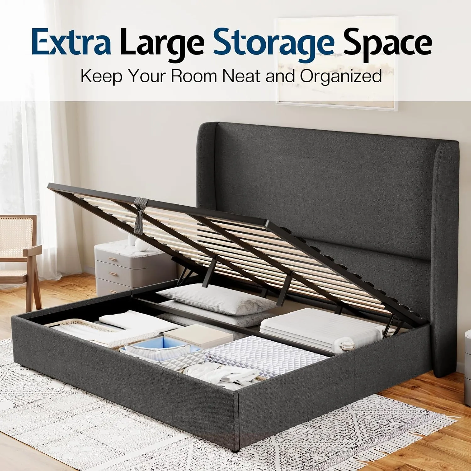 Jocisland King Size Bed Frame Lift Up Storage Bed Upholstered Platform Bed with Wingback Headboard/Hydraulic Storage/No Box Spring Needed/Wood Slats Support/Dark Grey