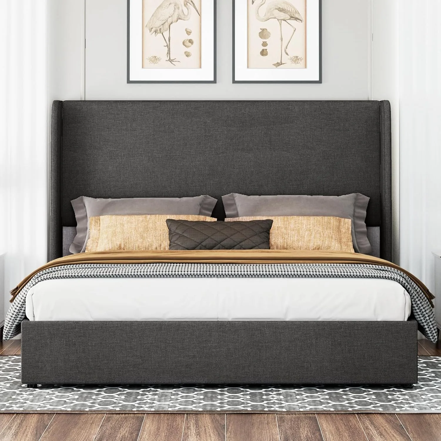 Jocisland King Size Bed Frame Lift Up Storage Bed Upholstered Platform Bed with Wingback Headboard/Hydraulic Storage/No Box Spring Needed/Wood Slats Support/Dark Grey
