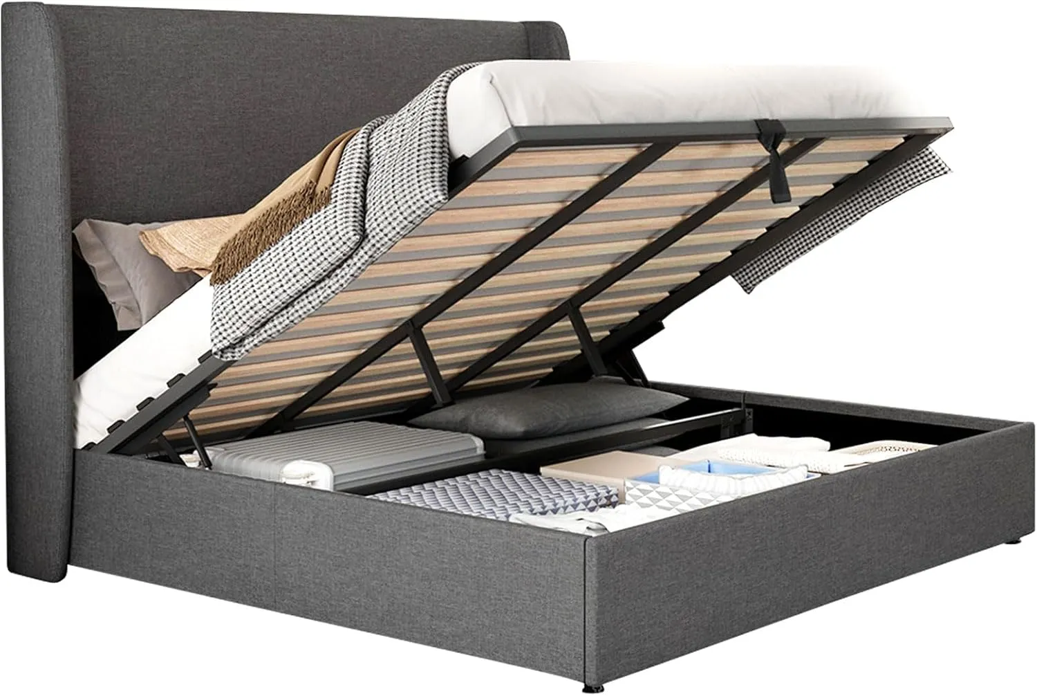 Jocisland King Size Bed Frame Lift Up Storage Bed Upholstered Platform Bed with Wingback Headboard/Hydraulic Storage/No Box Spring Needed/Wood Slats Support/Dark Grey